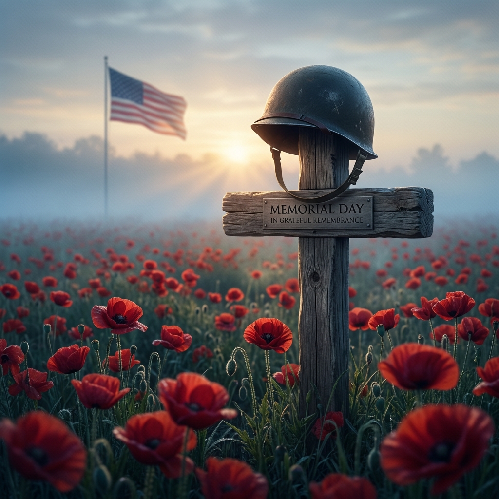 Wooden cross with WWII helmet in a field of red poppies, American flag at half-mast in the distance