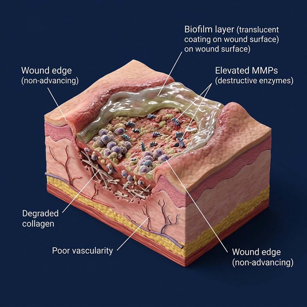 Anatomically labeled chronic wound illustration used in HCMC clinical training